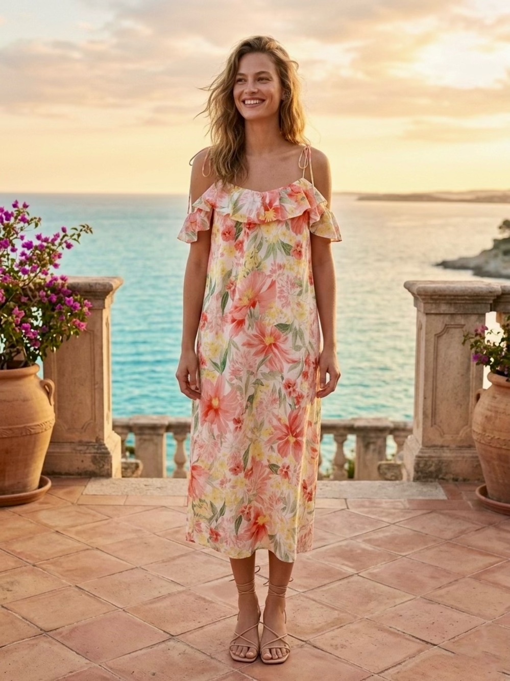 H&M Floral Off Shoulder Ruffle Midi Dress Size L NWT